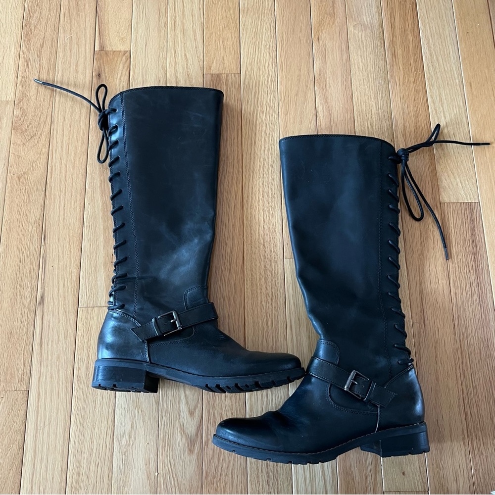 NWOT Sofft Kristie tall black leather riding boot lace up corset back